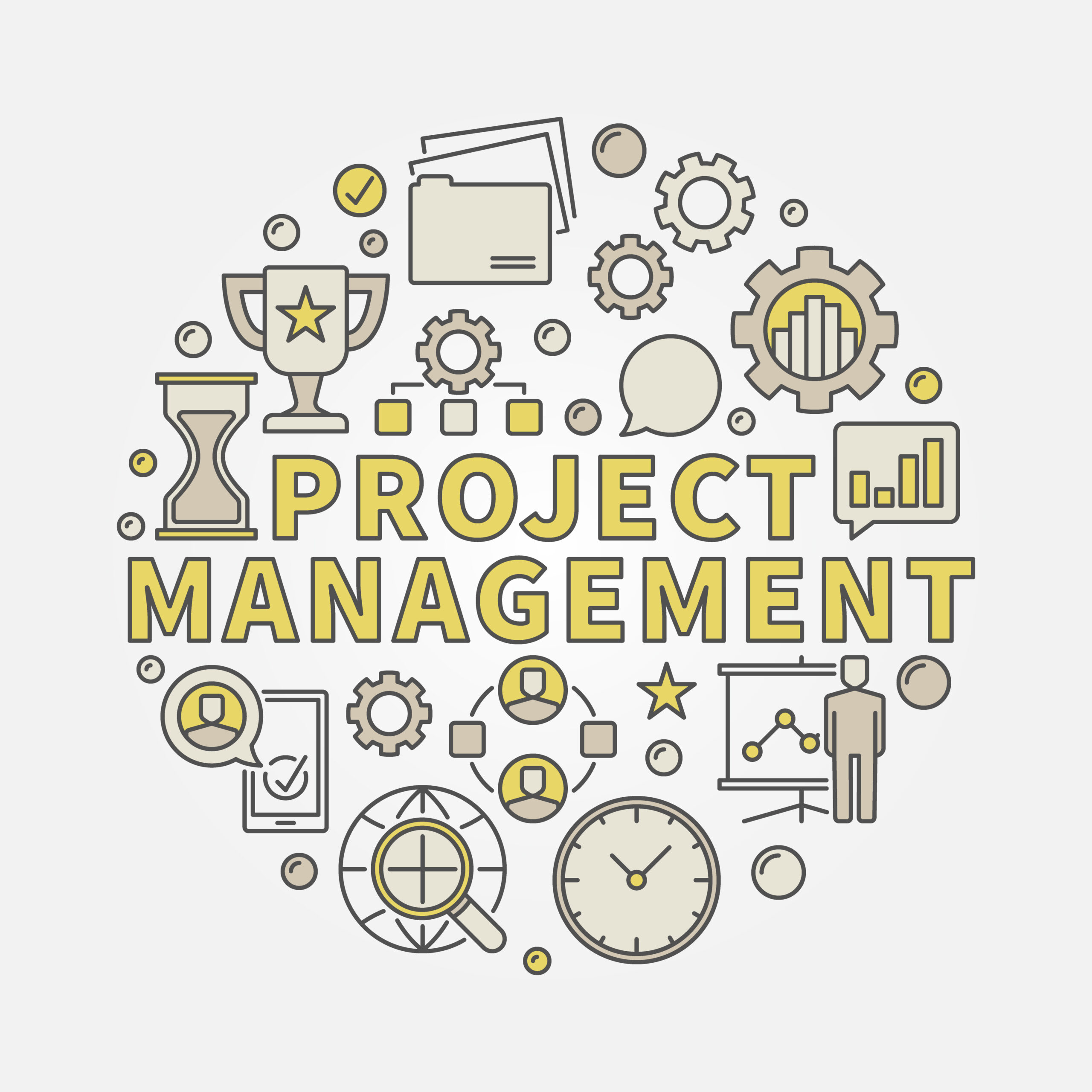 Illustration vectorielle "Project Management" avec engrenages, horloge et icônes de gestion de projet, symbolisant la coordination et l’efficacité. communication non violente en management intégré naturellement.