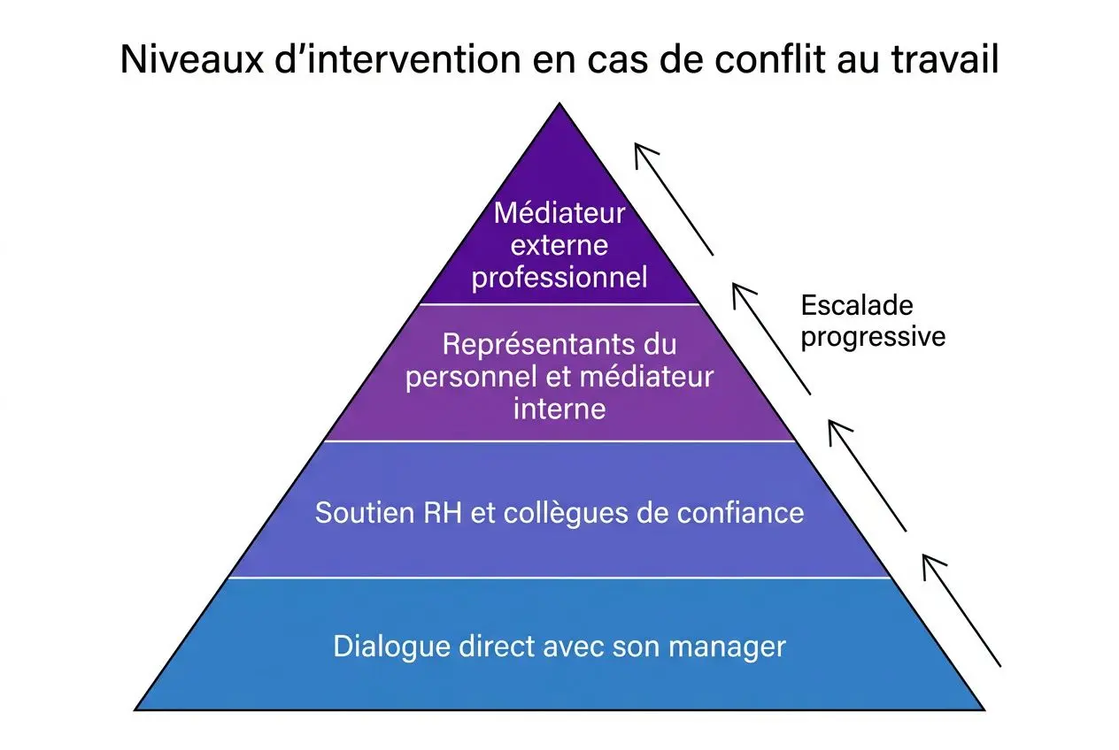 Niveaux d’intervention en cas de conflit au travail: dialogue direct avec son manager, soutien RH et collègues de confiance, représentants internes, médiateur externe.