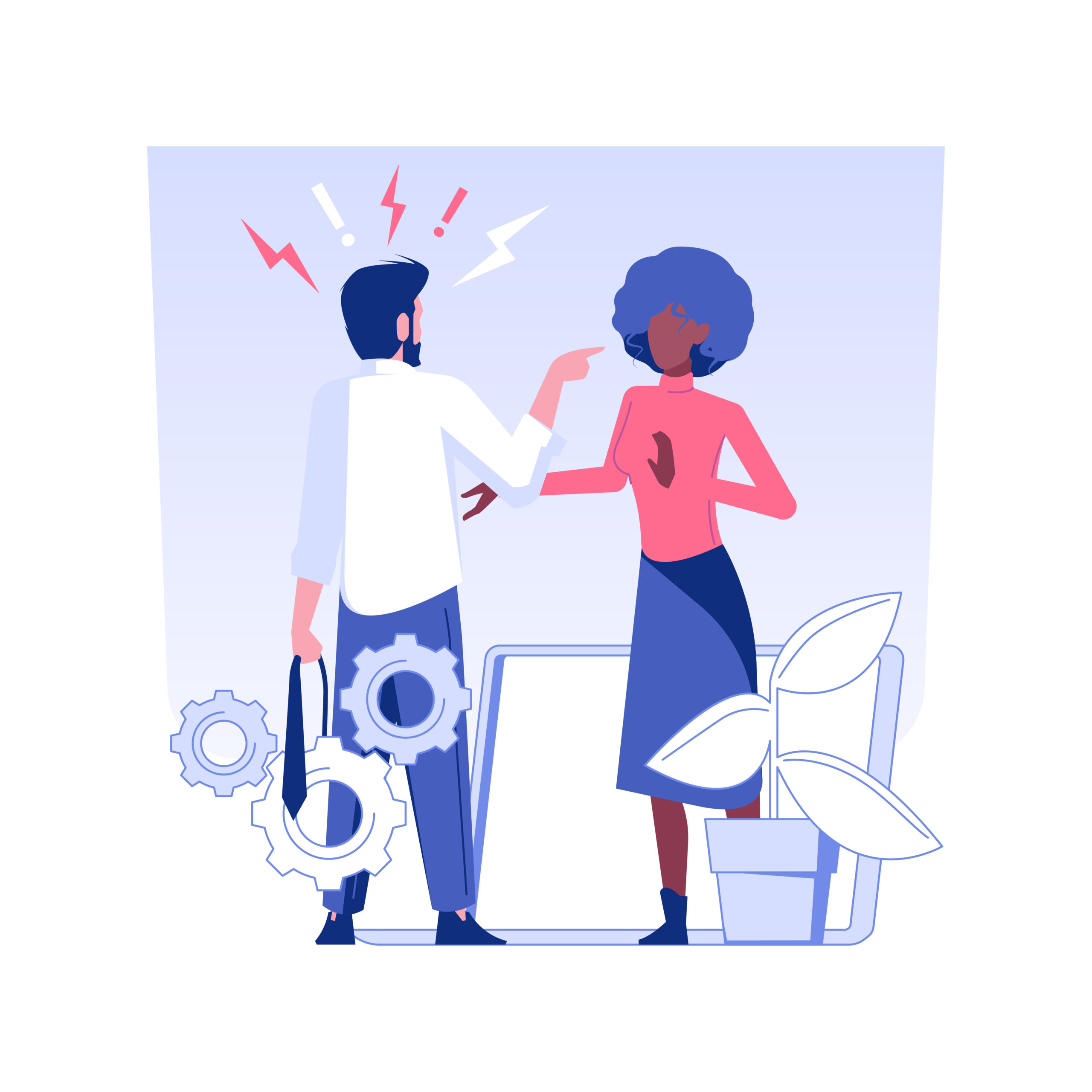Deux personnes discutent vivement au travail, gestes énergétiques et tension apparente, entourées d’icônes d’engrenages et d’un cadre d’ordinateur. comment gérer un conflit dans une équipe de travail