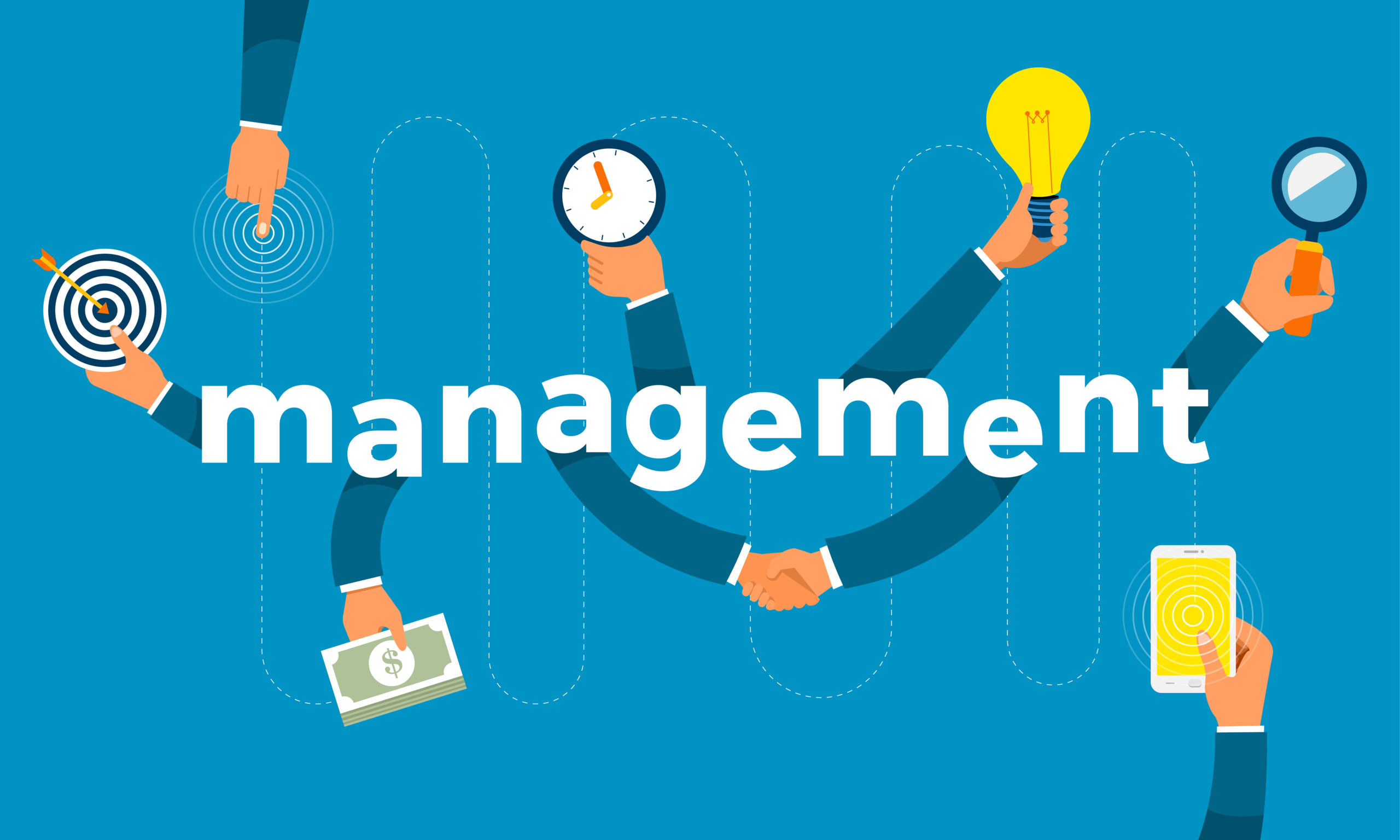 Illustration sur la gestion: plusieurs mains tiennent outils et objets symbolisant le management et le dialogue, corde en forme de sourire.