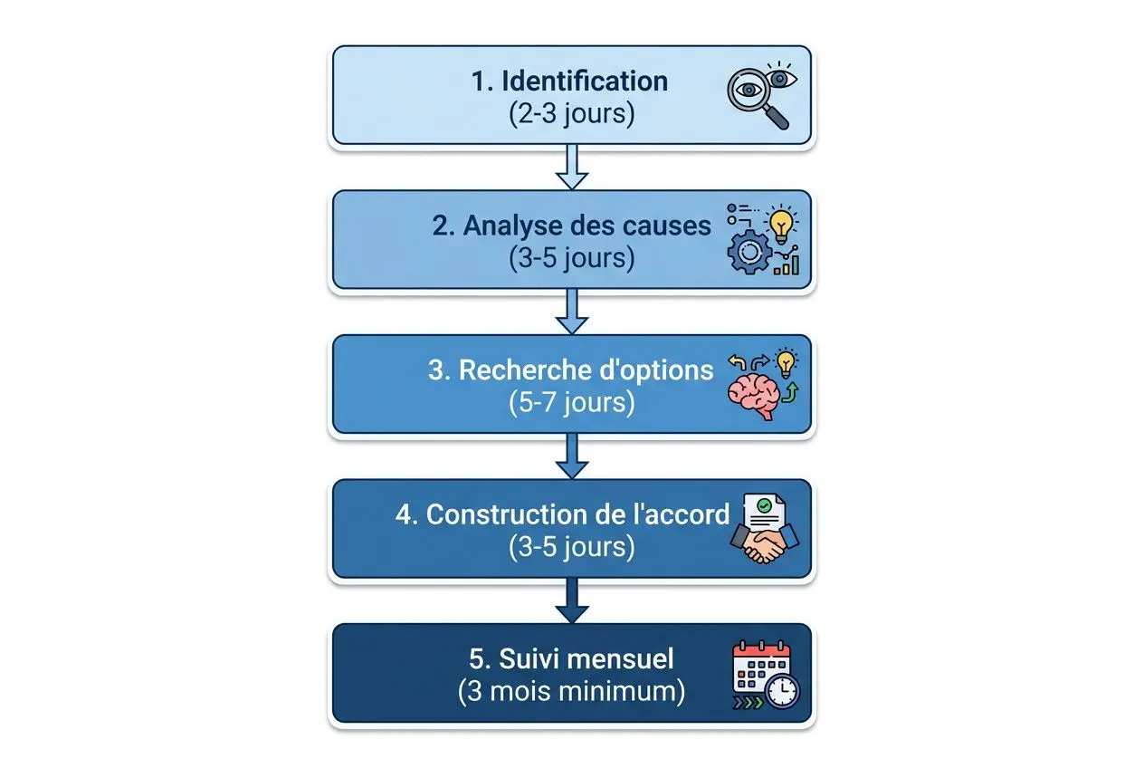 Processus en 5 étapes pour la méthode de résolution de conflit en entreprise: identification, analyse des causes, recherche d'options, construction de l’accord, suivi mensuel.