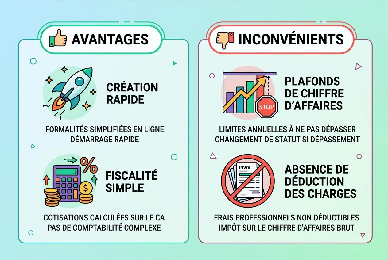 Diagramme illustrant les avantages et inconvénients des documents nécessaires pour créer une entreprise, avec textes “AVANTAGES” et “INCONVÉNIENTS” et icônes associées.