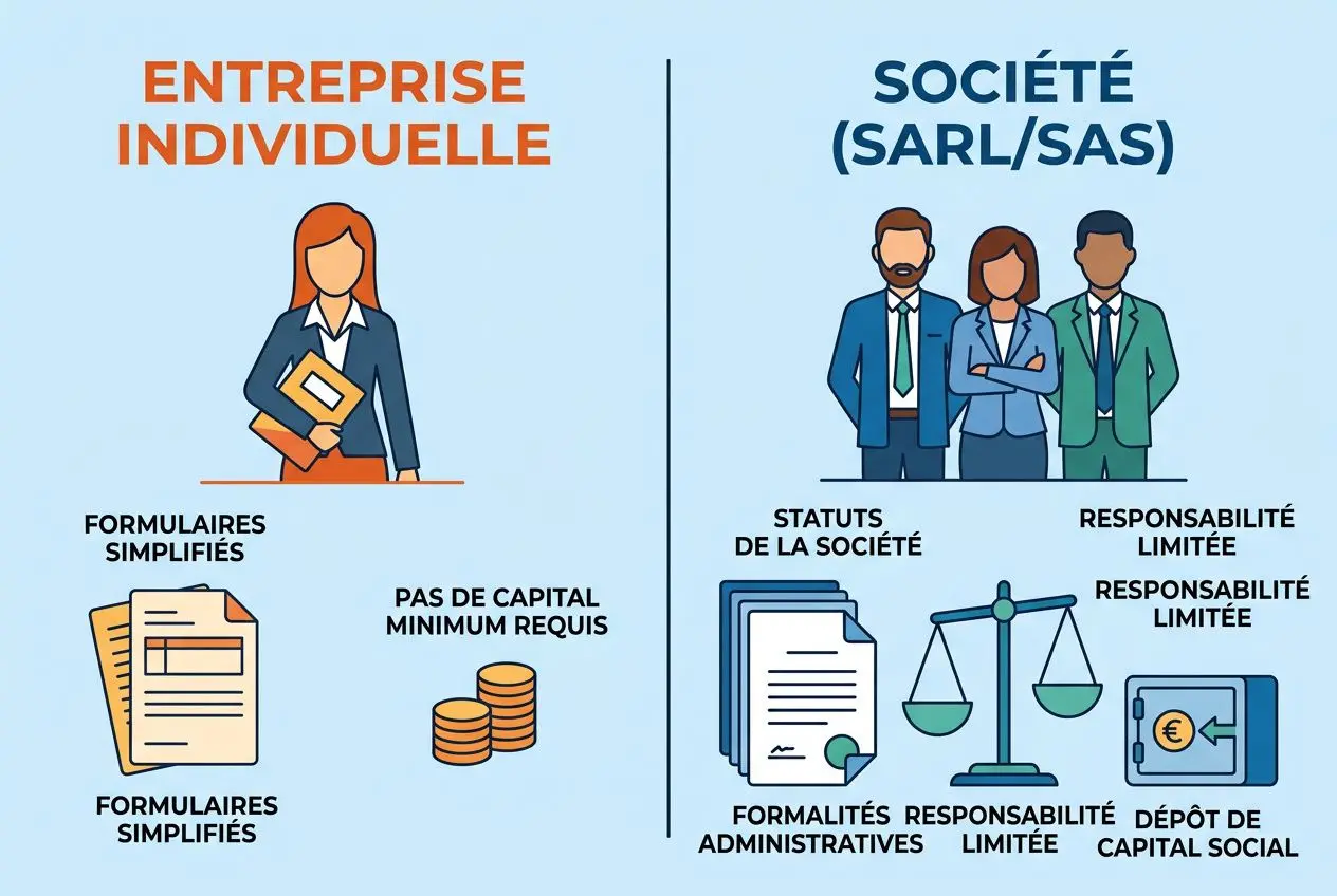 Entrepreneur individuel et société (SARL/SAS) : illustration comparative des statuts juridiques, with documents, capital minimal, et responsabilités.