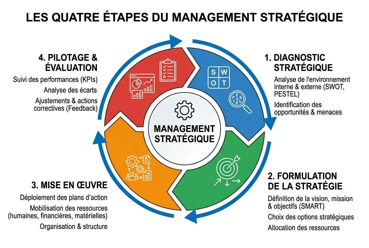 Diagramme circulaire sur le pilotage stratégique en PME montrant les quatre étapes du management stratégique, avec diagnostic, formulation, mise en œuvre et pilotage & évaluation. Intègre le concept de pilotage stratégique entreprise pme.