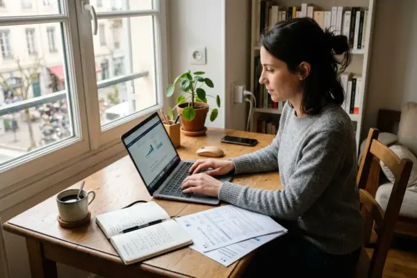 Personne travaillant sur un ordinateur portable à domicile, avec cahiers et documents ouverts sur la table près d’une fenêtre. Planification et plan de développement professionnel en préparation.
