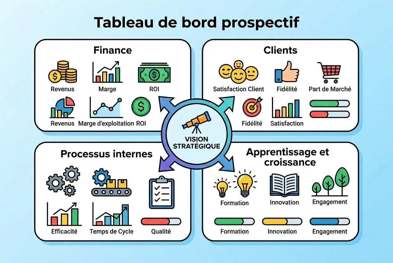 Tableau de bord prospectif montrant les axes Finance, Clients, Processus internes et Apprentissage et croissance autour d’une vision stratégique.