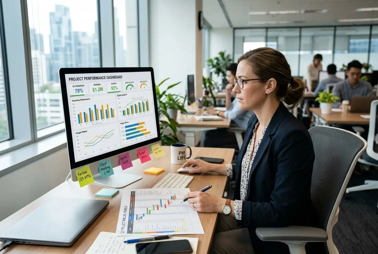 Analyse: une professionnelle assise à son bureau, écran affichant des graphiques et indicateurs, post-its et documents en cours d’analyse pour un business plan création d'entreprise.