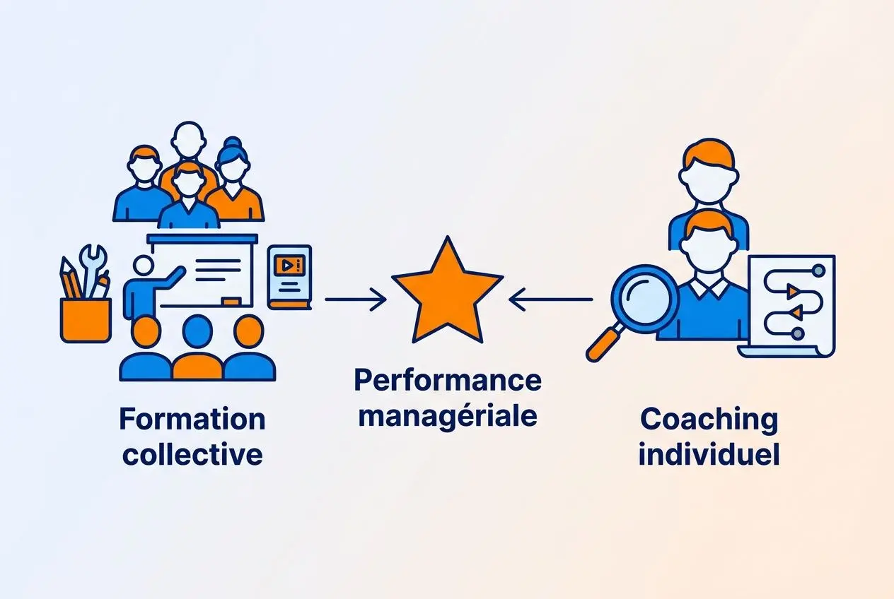 Diagramme illustrant le parcours « formation collective → performance managériale → coaching individuel » dans le cadre de la formation en management et leadership formation.