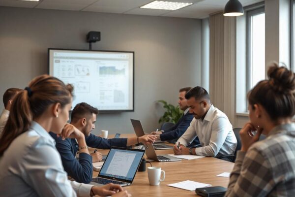 Un groupe de professionnels en réunion autour d'une grande table, brainstorming et échange autour de laptops et notes, blanc interactif en arrière-plan. business plan création d'entreprise.