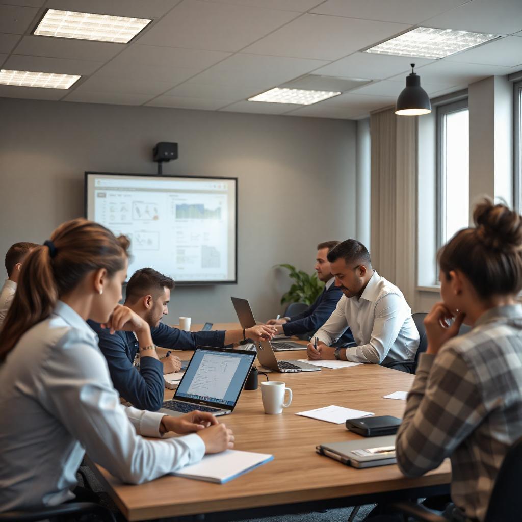 Un groupe de professionnels en réunion autour d'une grande table, brainstorming et échange autour de laptops et notes, blanc interactif en arrière-plan. business plan création d'entreprise.