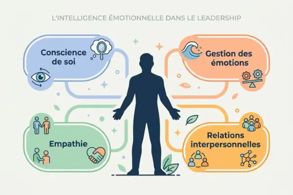 Illustration montrant un silhouette central entourée de quatre bulbes colorés: Conscience de soi, Gestion des émotions, Empathie et Relations interpersonnelles, concept d'intelligence émotionnelle exemple.