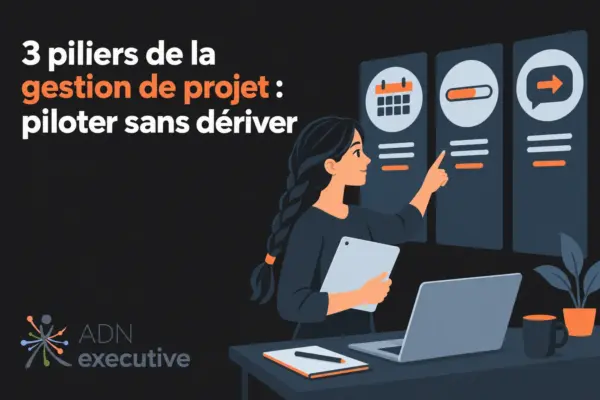 Une femme assise à un bureau pointe du doigt les trois tableaux d’organisation projet affichés sur un mur, avec un
