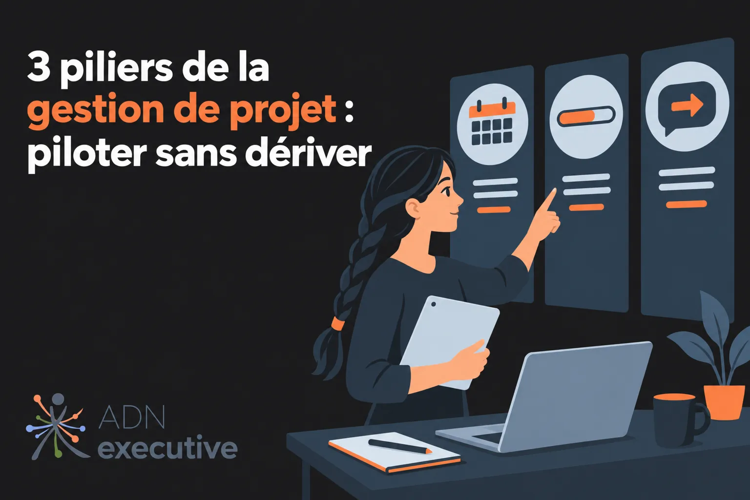 Une femme assise à un bureau pointe du doigt les trois tableaux d’organisation projet affichés sur un mur, avec un