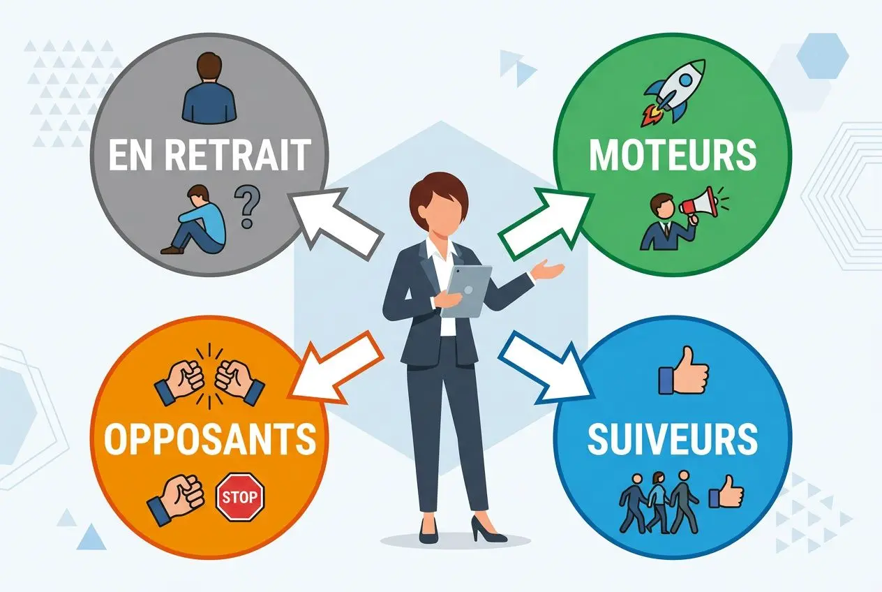 Personne en tenue professionnelle entourée de quatre bulles: En retrait, Moteurs, Opposants et Suiveurs, illustrant l'accompagnement au changement management.