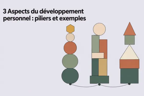 Trois structures de formes géométriques empilées sur fond clair représentant les aspects du développement personnel.